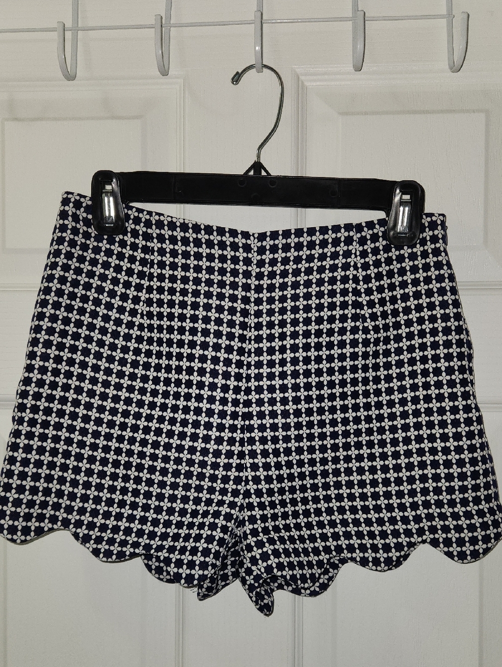 English Factory Navy and White Scalloped Hem High-Waist Shorts